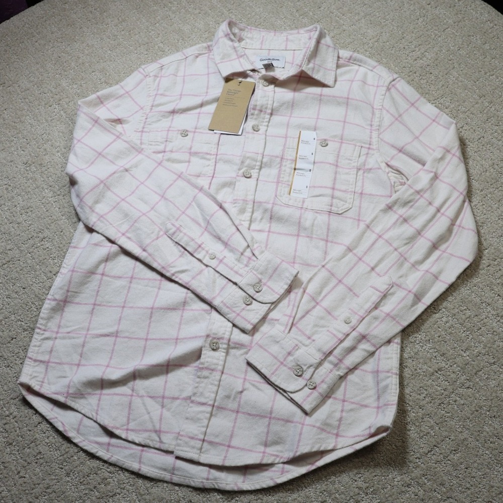 Goodfellow & Co Mens Vintage Midweight Flannel Pink Cream Plaid Shirt S NWT
